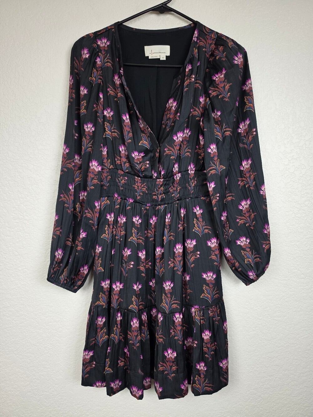 Anthropologie Black Floral Long Sleeve Dress XS